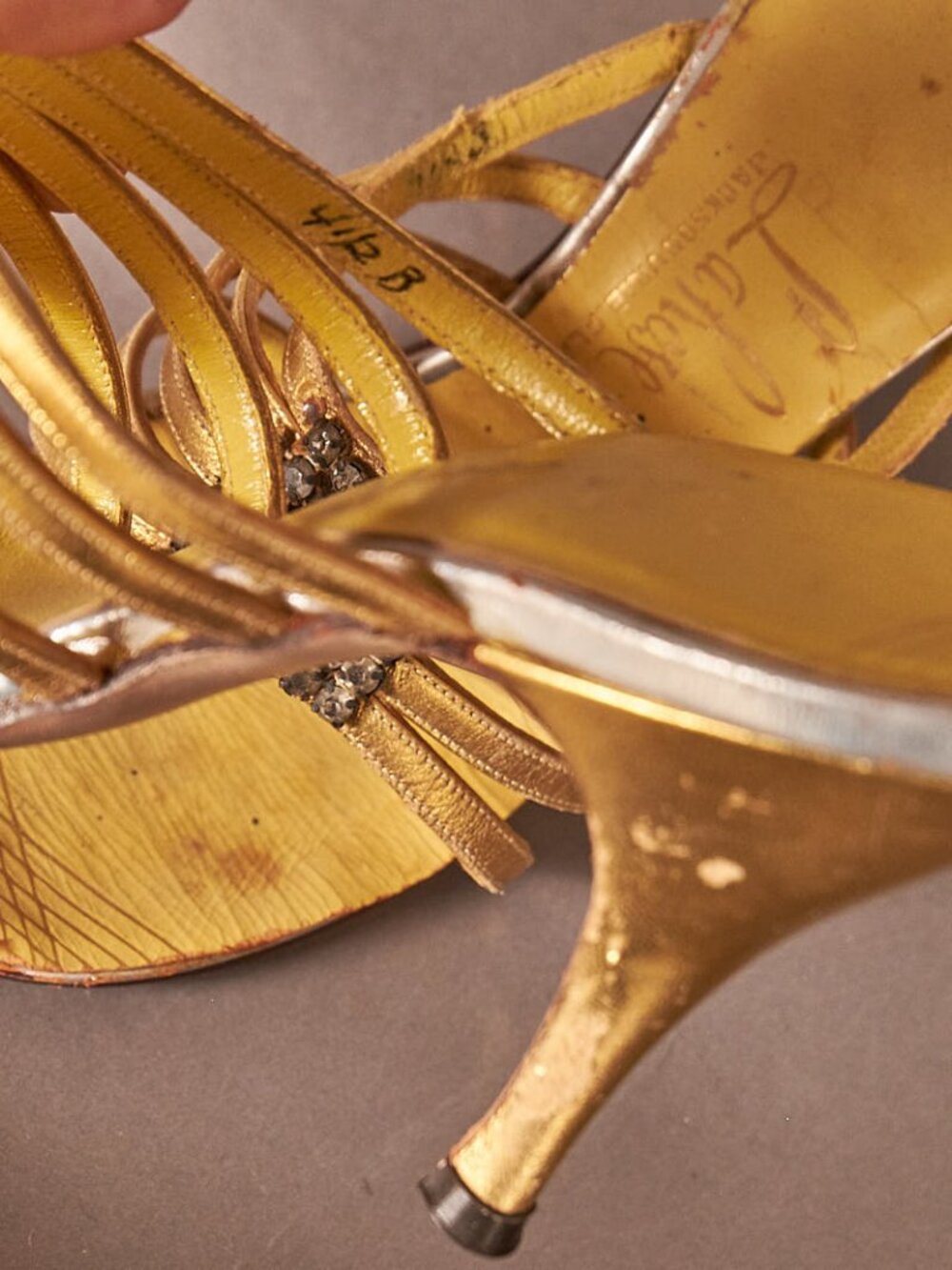 1950s Shiny Gold and Jeweled Strapy Heels Petite Shoes